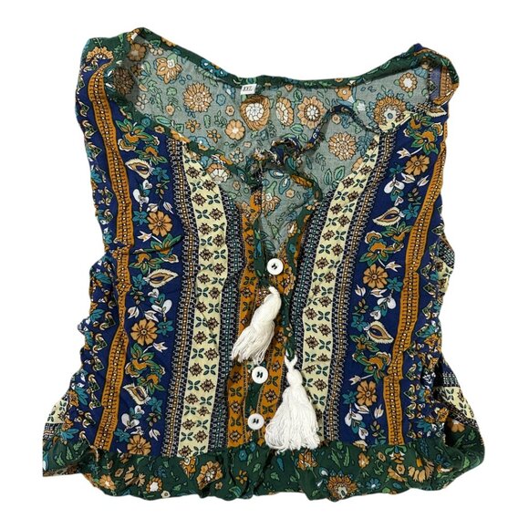 Boho Floral Peasant Top | Multicolor Print | Tassel Tie Blouse | Size XXL - Picture 3 of 3